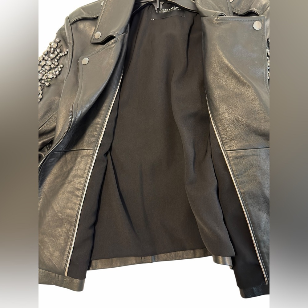 RARE Neiman Marcus Black Leather Jacket Crystal Silver Embellishments Moto - Picture 11 of 11